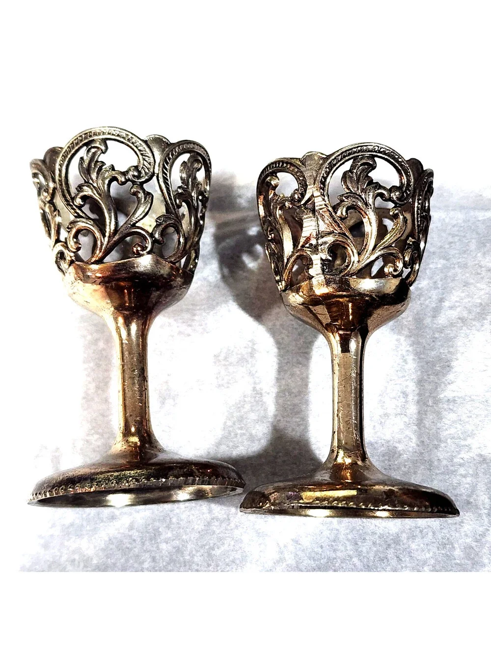 Vintage Silver Plate Pierced Filigree Tulip Cordial Cup Holders Lot of 2- 